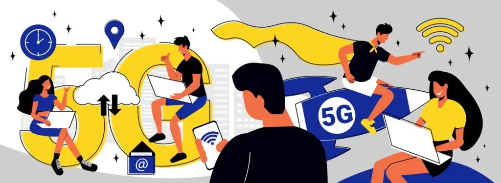 Prenosni računalnik na mizi prikazuje ilustracijo o 5G, kjer ljudje uporabljajo naprave in internetne storitve.